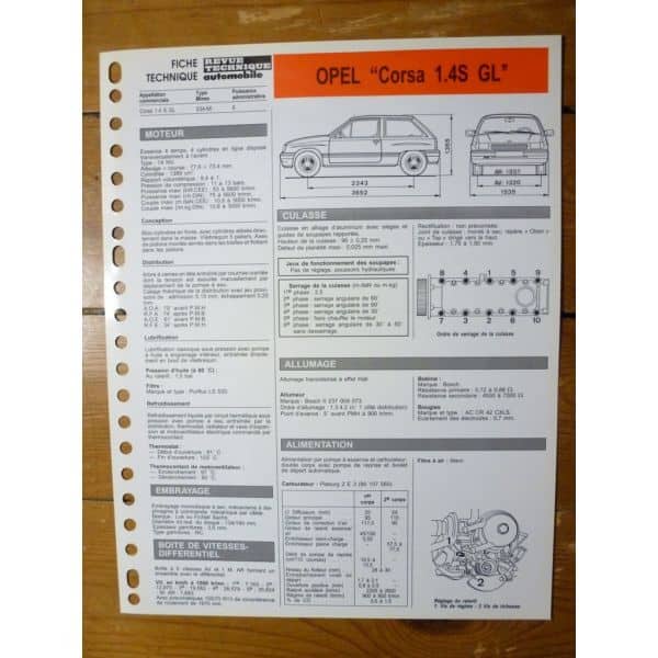 Corsa 1.4S GL Fiche Technique Opel