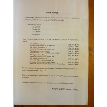 Corona Manuel Réparation Carrosserie Toyota