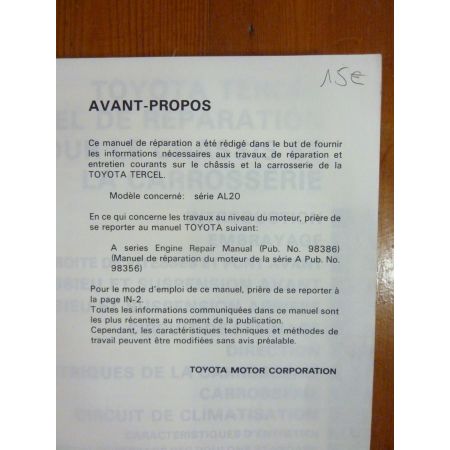Tercel AL20 Manuel Réparation Toyota