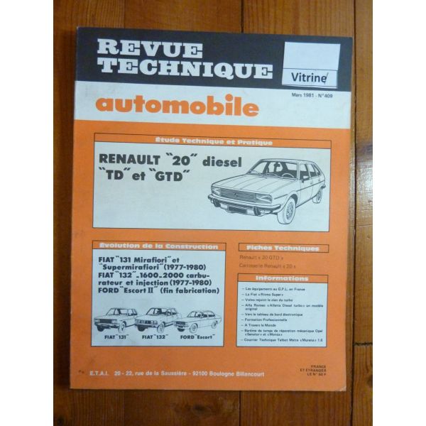 REVUE TECHNIQUE AUTOMOBILE RENAULT 20 DIESEL TD ET GTD ET FIAT - Tigrebock