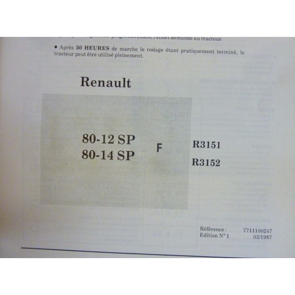 notice entretien 03/1987 Renault R3151 R3152 80-12 80-14 SP tracteur 