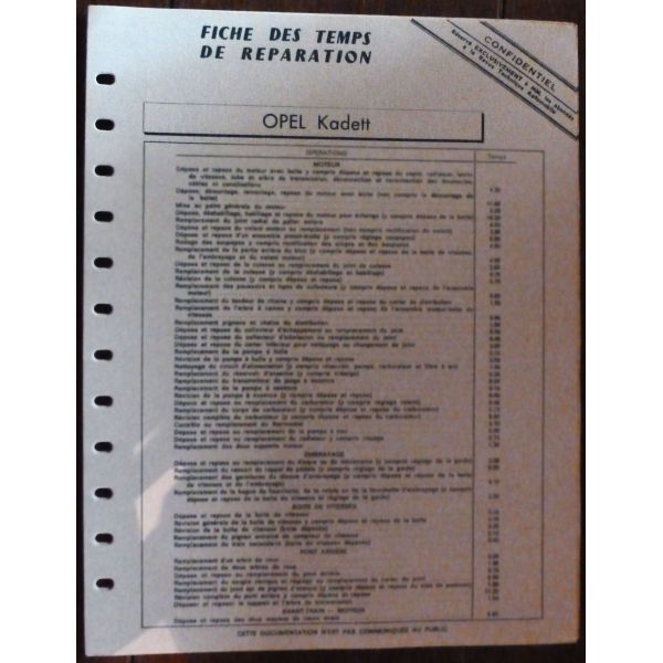 Kadett - Fiche Temps OPEL
