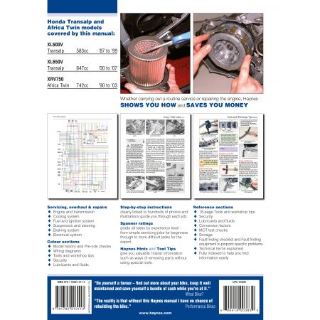 XL600 XL650V Transalp 87-07 Revue technique Haynes HONDA Anglais