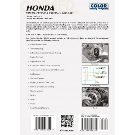 CRF230F 03-13, CRF230L & CRF230M 08-09 Revue technique Clymer HONDA Anglais