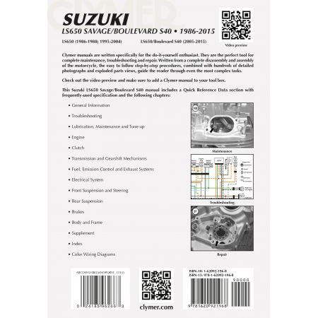 LS 650 Savage/Boulevard S40 86-15 Revue technique Clymer SUZUKI Anglais