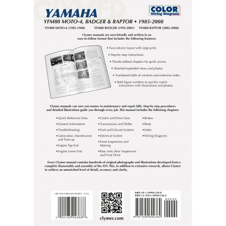 YFM80 MOTO-4, Badger & Raptor 01-08 Revue technique Clymer YAMAHA Anglais